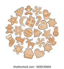 Zusammensetzung von Lebkuchengebäck in einem Kreis. Weihnachtselemente für Winterferien. Lebkuchen Mann und Frau, Weihnachtsbaum, Geschenk, Sterne, Glocke, Haus, Herz. Handgezeichnete Vektorgrafik.