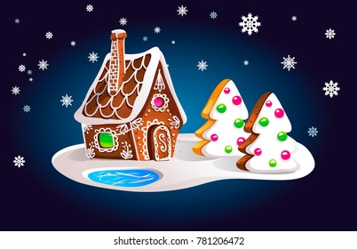 Composition of gingerbread house and fir trees in the night sky and snowfall. Christmas card, vector illustration