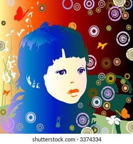 composition with girl and flying butterflies and grunge circles