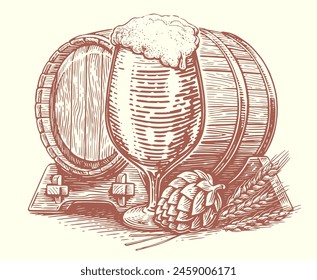 Composition of glass of beer, barrel, ears of wheat and hops. Hand drawn vector illustration. Drawing sketch clipart