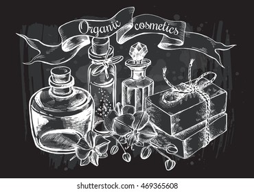 Composition with glass bottles, soap and a branch of orchids. Template for design of organic cosmetics. Hand-drawn vector illustration.