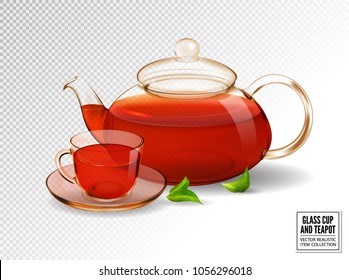 Composition of a glass cup and tea pot with tea. Realistic vector image. Vanilla pods and orchid flower. 3d