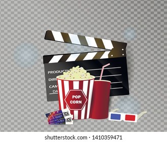 Composition from a glass of drink, popcorn 3d essentials in a cinema on a transparent background vector illustration