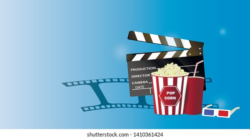 Composition from a glass of drink, popcorn 3d essentials in a cinema on a blue background vector illustration