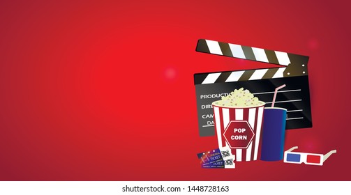Composition from a glass of drink, popcorn 3d essentials in a cinema on a red background vector illustration
