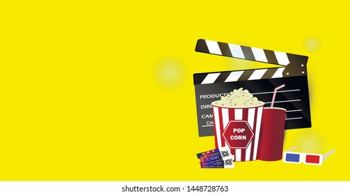 Composition from a glass of drink, popcorn 3d essentials in a cinema on a yellow background vector illustration