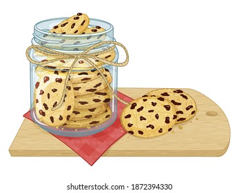 composition from glass jar with cookie and chocolate. Cartoon style. Vector illustration. Isolated on white.