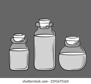 Composición de jarrones de vidrio de diferentes formas con tapones de corcho. Globos dibujados a mano con capas translúcidas. Ilustración vectorial aislada.