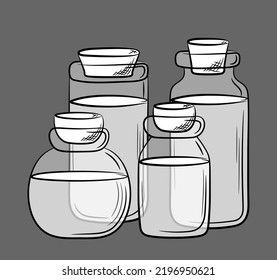 Composition of glass jars of different shapes with cork plugs. Hand drawn balloons with translucent layers. Isolated vector illustration.