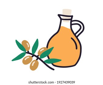 Composition of glass jug filled with fresh extra virgin olive oil and tree branch with fruits. Corked pitcher drawn in doodle style. Colored flat vector illustration isolated on white background