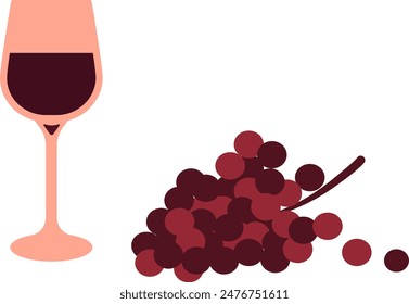 Composition of glass of red wine and bunch of red grapes vector illustration. Transparent background