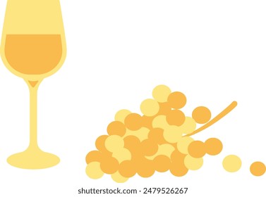 Composition of  glass of white wine and bunch of yellow grapes vector illustration. Transparent background