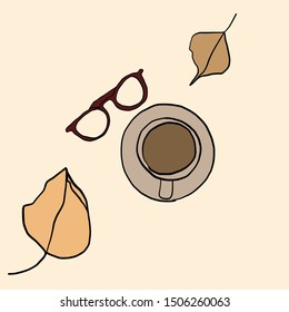 composition with glasses, and a cup of coffee, dry fallen leaves
