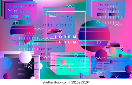 Composition of glitched elements and shapes. Abstract vector background in vaporwave/ retrowave style.