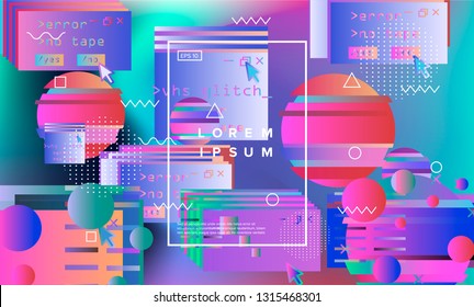 Composition Of Glitched Elements And Shapes. Abstract Vector Background In Vaporwave/ Retrowave Style.