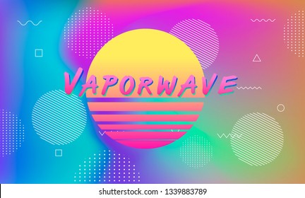 Composition of glitched sun disk and neon holographic liquid shapes. Abstract vector lettering in retrowave/ vaporwave style, poster/ cover for music event.