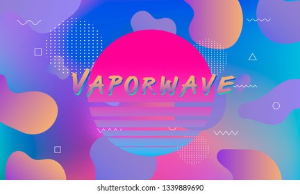 Composition of glitched sun disk and neon holographic liquid shapes. Abstract vector lettering in retrowave/ vaporwave style, poster/ cover for music event.