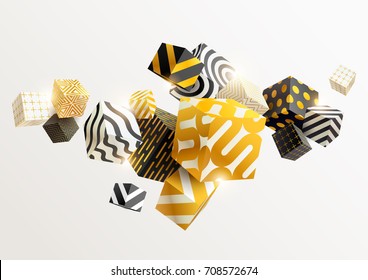 Zusammensetzung von Gold und schwarzen 3D Würfeln. Abstrakte Vektorgrafik.
