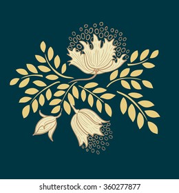Composition of gold flowers on black background. Design element.