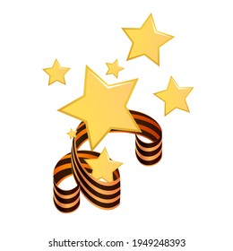 Composition of gold stars entwined with a St. George Ribbon to decorate the Victory Day in Russia. Vector illustration.