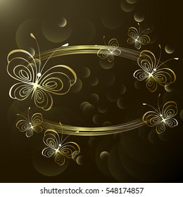 composition with golden butterflies and golden frame on a brown  background