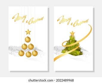 Composición con bolas de Navidad doradas en forma de árbol de Navidad, un brillante árbol de Navidad exuberante contra el fondo de un paisaje invernal y la inscripción "Feliz Navidad", vector.