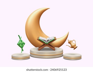 Composition with golden crescent, open Quran on wooden stage, ketupat, and kettle. Ramadan Kareem design on purple background. Vector illustration in 3d style