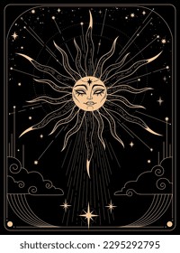 Composition with golden esoteric sun and stars on dark background