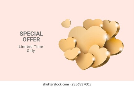 Composición de corazones dorados. Diseño de afiches para el Día de San Valentín o un regalo para un ser querido. Plantilla de diseño horizontal de afiche de promoción. Ilustración del vector