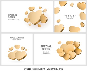 Composition of golden hearts. Poster design for Valentine's Day or a gift for a loved one. Promotion poster horizontal design template. Vector illustration