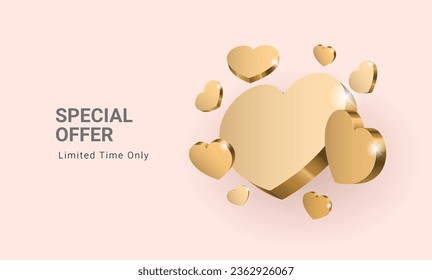 Composición de corazones dorados. Diseño de afiches para el Día de San Valentín o un regalo para un ser querido. Plantilla de diseño horizontal de afiche de promoción. Ilustración del vector