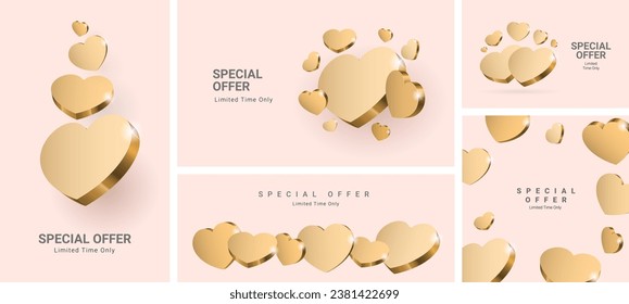 Composition of golden hearts. Poster design for Valentine's Day or a gift for a loved one. Promotion poster horizontal design template. Vector illustration