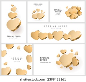 Composición de corazones dorados. Diseño de afiches para el Día de San Valentín o un regalo para un ser querido. Plantilla de diseño horizontal de afiche de promoción. Ilustración del vector