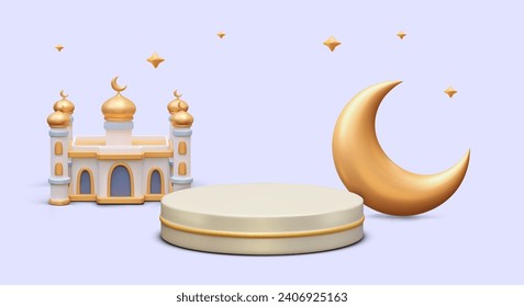 Composition with golden moon and mosque on purple background. Building for prayers, traditional rituals in Islam and Muslim. Celebrating Ramadan concept. Vector illustration in 3d style