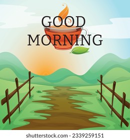 Composition with Good Morning wish and aromatic coffee on light blue background, top view. Space for text