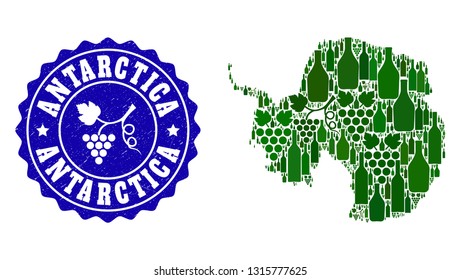 Composition of grape wine map of Antarctica and grape grunge stamp seal with grape berries bunches.