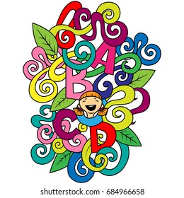 Composition of graphic elements on a white background. Theme is school and learning. Bright colors. Letters are leaves and spirals. Vector. Style of the cartoon.