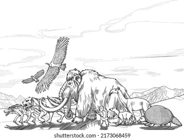 Composition of a graphic prehistoric animals and caveman walking in a line with a mountain landscape on a background. Vector historical illustration of the Ice Age