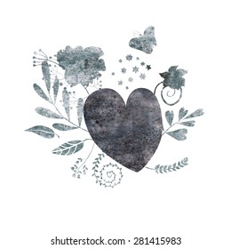 the composition of graphite butterfly, heart and flowers 