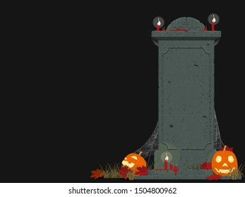 Composition of gravestone and Jack-O'-lantern of black background
