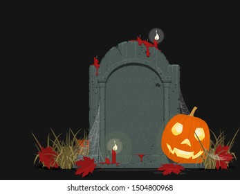 Composition of gravestone and Jack-O'-lantern of black background
