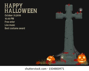 Composition of gravestone and Jack-O'-lantern of black background
