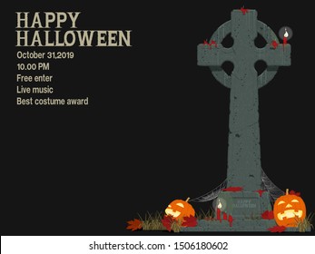 Composition of gravestone and Jack-O'-lantern of black background
