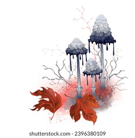 Composition of gray, artistically drawn, ink mushrooms on moss glade with red autumn, textured leaves on white background. Autumn design with mushrooms. Hand drawn vector art.