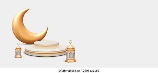 Composition with gray background. Ramadan celebrating concept. Religious elements. Golden moon, stage, and realistic lantern. Vector illustration in 3d style