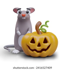 Composition with gray rat standing near orange pumpkin. Composition with Halloween Jack o lantern pumpkin with spooky face and animal. Vector illustration in 3d style