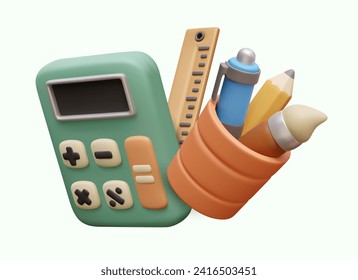 Composition with green calculator, wooden ruler, and orange cup with pen, pencil, and brush