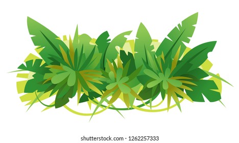 Composition of green jungle leaves assembled together in horizontal view, isolated on white, decoration of tropical plants assorted together illustration