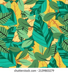 Composition of green yellow orange leaf on green background. Print summer seamless vector pattern wallpaper