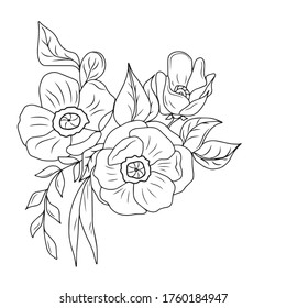 Composición de la vegetación y de las amapolas.Diseño vectorial para carteles y postales.Naturaleza.Coloreado